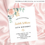 Rose floral eucalyptus budget birthday invitation<br><div class="desc">An elegant invitation for a 50th (or any age) birthday party. A chic white background. Decorated with a rose gold and blush pink watercolored rose flower, floral, green eucalyptus leaves, sprigs, greenery and a faux gold sprig. Personalise and the name and party details. Black and golden letters. The name is...</div>