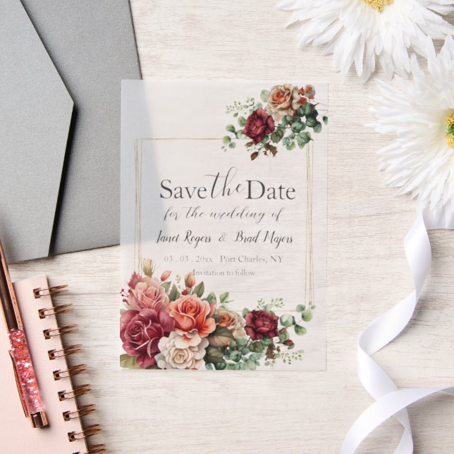 Rose Floral Eucalyptus Wedding Save the Date Vellum Invitations (Wedding)