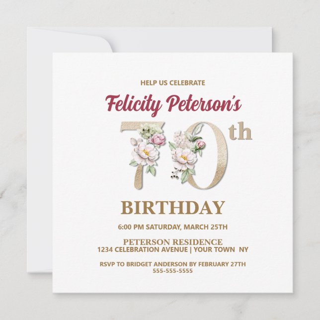 Rose Floral F 70th Birthday Party Invitation (Front)
