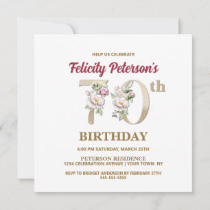 Rose Floral F 70th Birthday Party Invitation