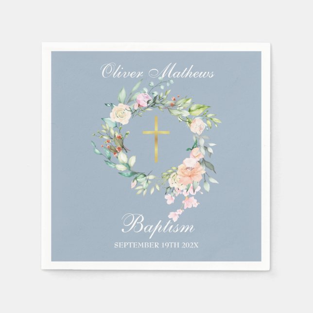 Rose Floral Garland Baptism Christening Dusty Blue Napkin (Front)