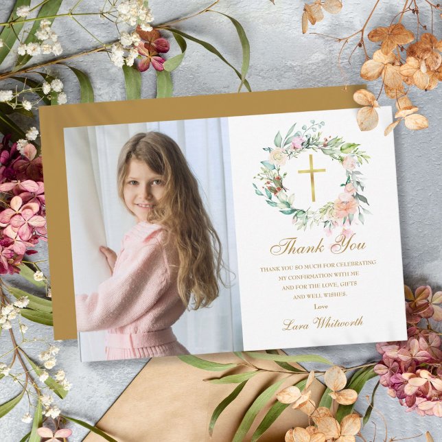 Rose Floral Garland Confirmation Photo Gold Script Thank You Card (Rose Floral Garland Confirmation Photo Gold Script Thank You Card)