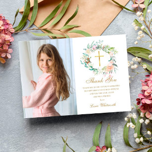 Rose Floral Garland First Holy Communion Photo Thank You Card