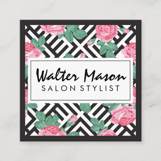 Rose Floral Geometric Pattern Square Business Card (Front)