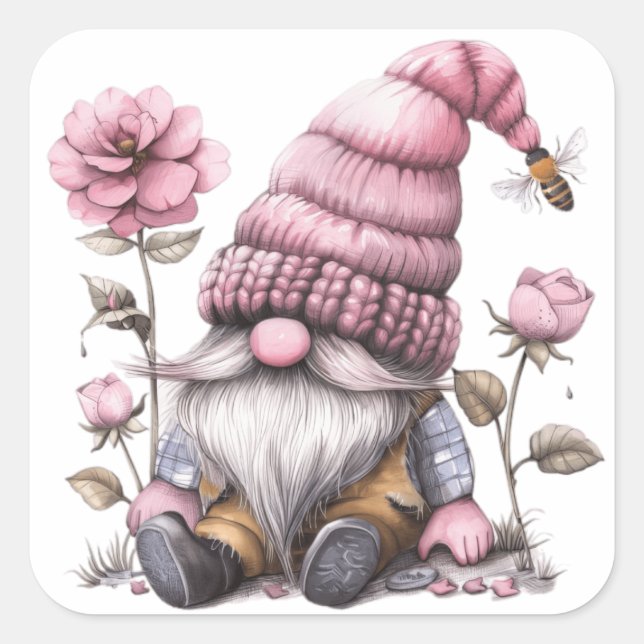Rose Floral Gnome Square Sticker (Front)