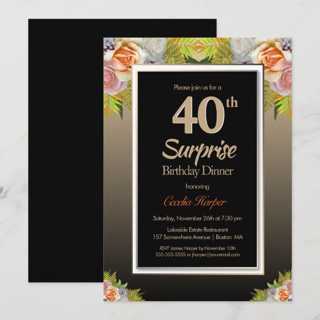 Rose Floral Gold Surprise 40th Birthday Dinner Invitation (Front/Back)