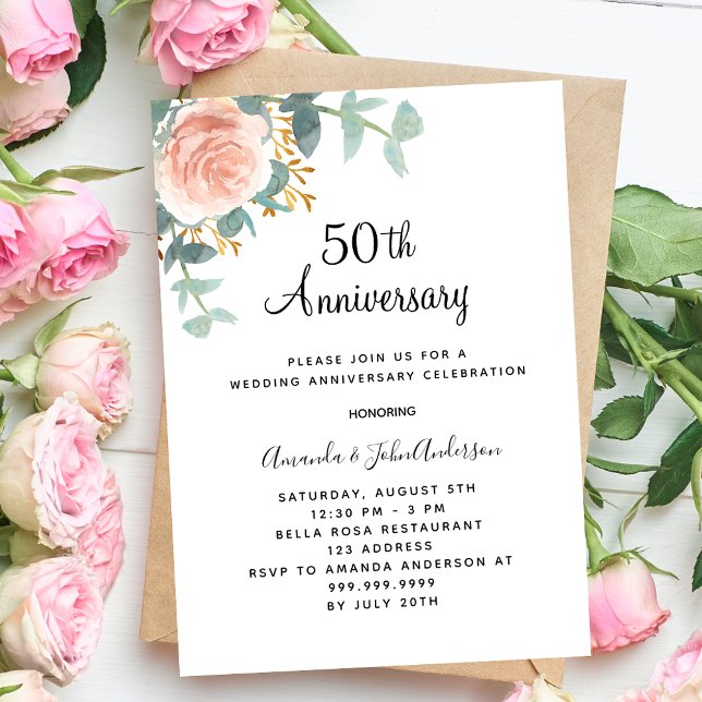 Rose floral greenery pink 50th wedding anniversary invitation (Creator Uploaded)