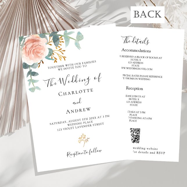 Rose floral greenery pink QR details RSVP wedding Invitation (Creator Uploaded)
