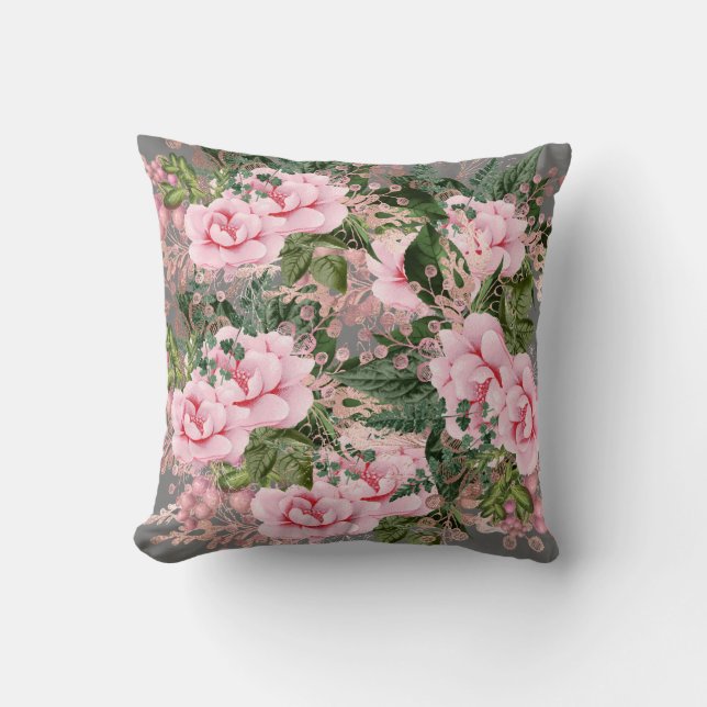 ROSE FLORAL GREY DESIGN CUSTOM CUSHION (Front)