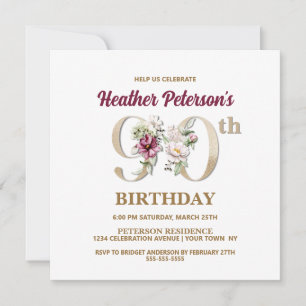 Rose Floral H 90th Birthday Party Invitation