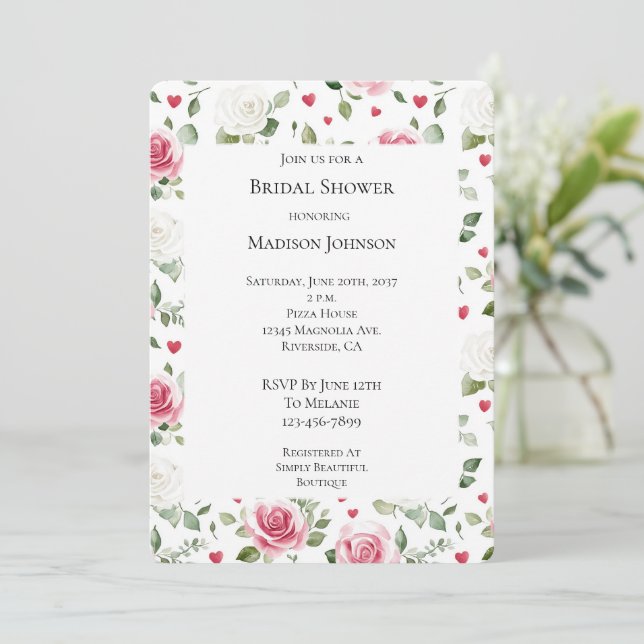 Rose Floral Hearts Bridal Shower Invitation (Standing Front)