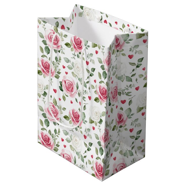Rose Floral Hearts Bridal Shower Medium Gift Bag (Front Angled)