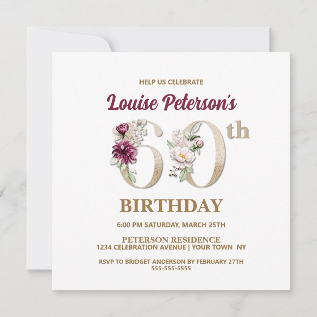 Rose Floral L 60th Birthday Party Invitation (Front)