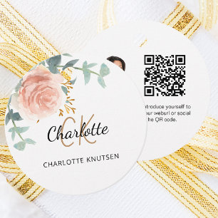 Rose floral monogram name business QR photo tag