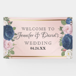 Rose Floral Navy Blue Blush Pink Gold Wedding Banner
