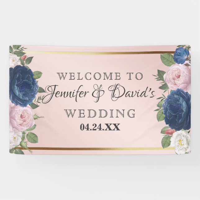 Rose Floral Navy Blue Blush Pink Gold Wedding Banner (Horizontal)