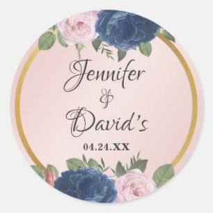 Rose Floral Navy Blue Blush Pink Gold Wedding Classic Round Sticker