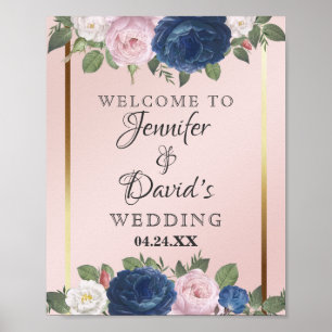 Rose Floral Navy Blue Blush Pink Gold Wedding Poster