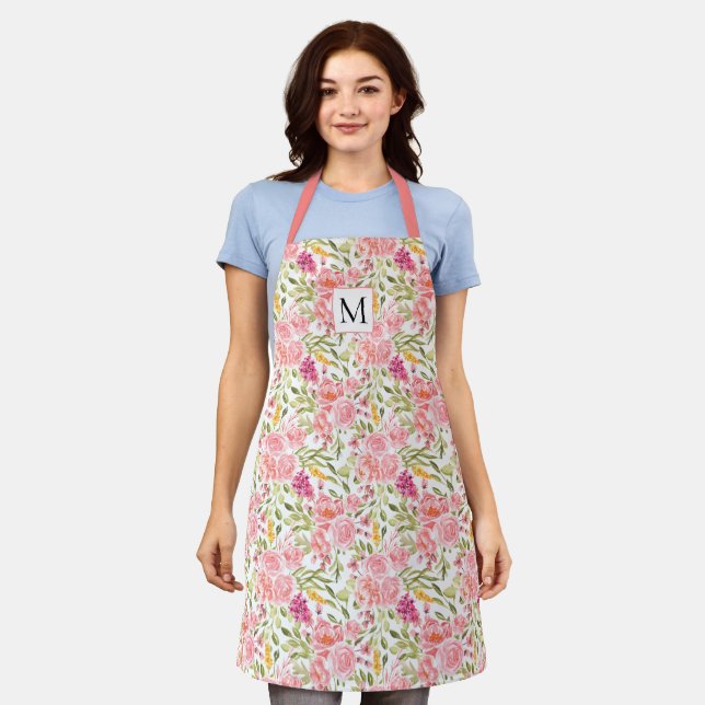 Rose floral pattern pink frame monogram apron (Worn)