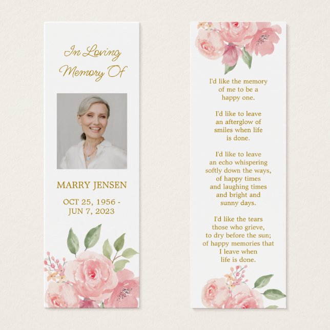 Rose Floral Photo Funeral Memorial Bookmark (Front & Back)