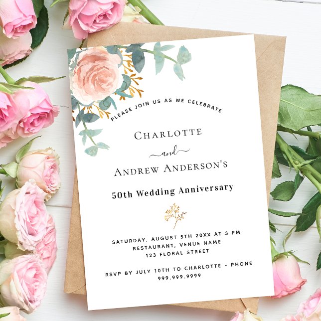 Rose floral pink 50th luxury wedding anniversary invitation (Creator Uploaded)