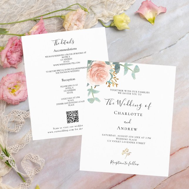 Rose floral pink QR detail RSVP wedding invitation (Creator Uploaded)