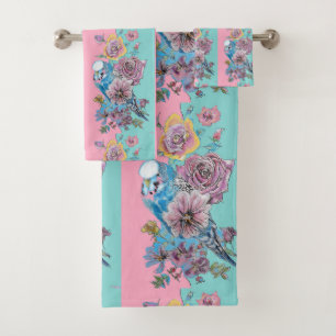Rose Floral Roses Budgie Bird Womans Pink Aqua Bath Towel Set