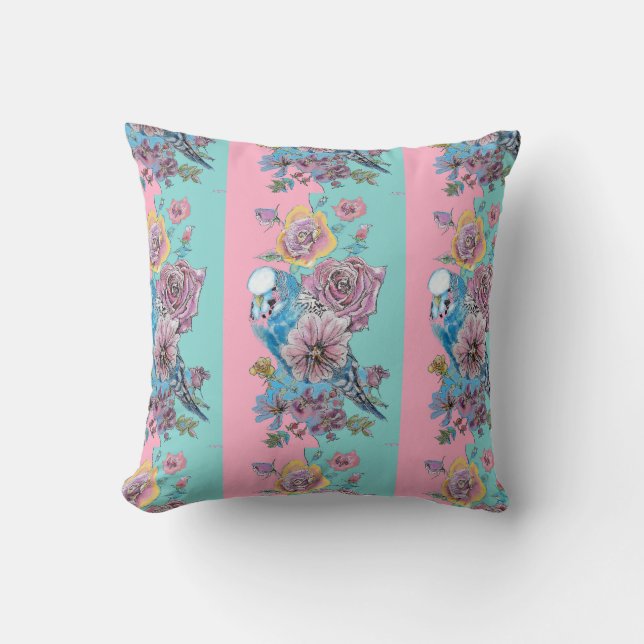 Rose Floral Roses Budgie Bird Womans Pink Aqua Cushion (Front)