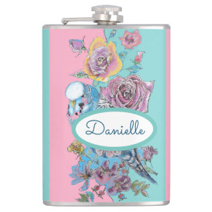Rose Floral Roses Budgie Bird Womans Pink Aqua Hip Flask