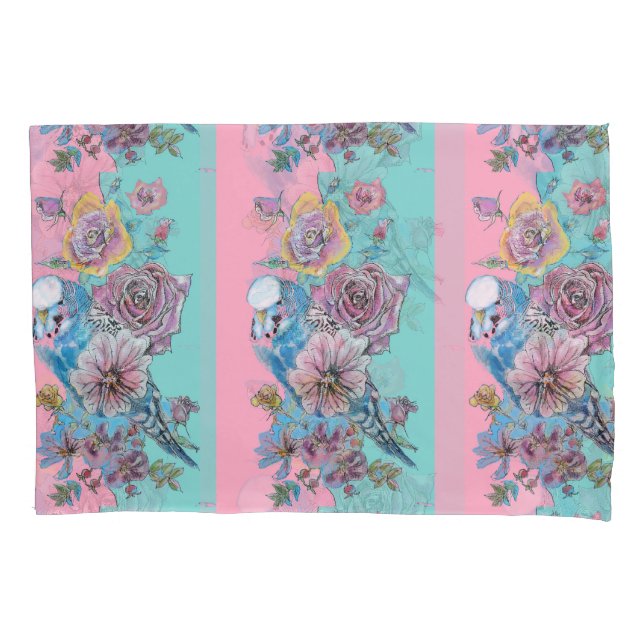 Rose Floral Roses Budgie Bird Womans Pink Aqua  Pillowcase (Front)