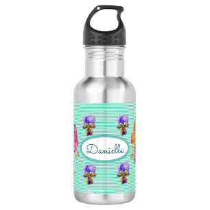 Rose Floral Roses Garden Womans Pink Aqua Stripe 532 Ml Water Bottle