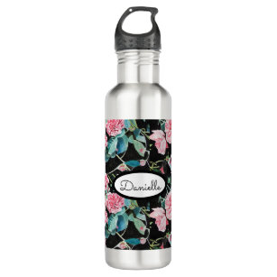 Rose Floral Roses Vintage Garden Womans Pink Black 710 Ml Water Bottle