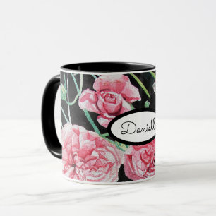 Rose Floral Roses Vintage Garden Womans Pink Black Mug