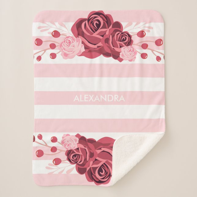 Rose Floral Stripes Sherpa Blanket (Front)