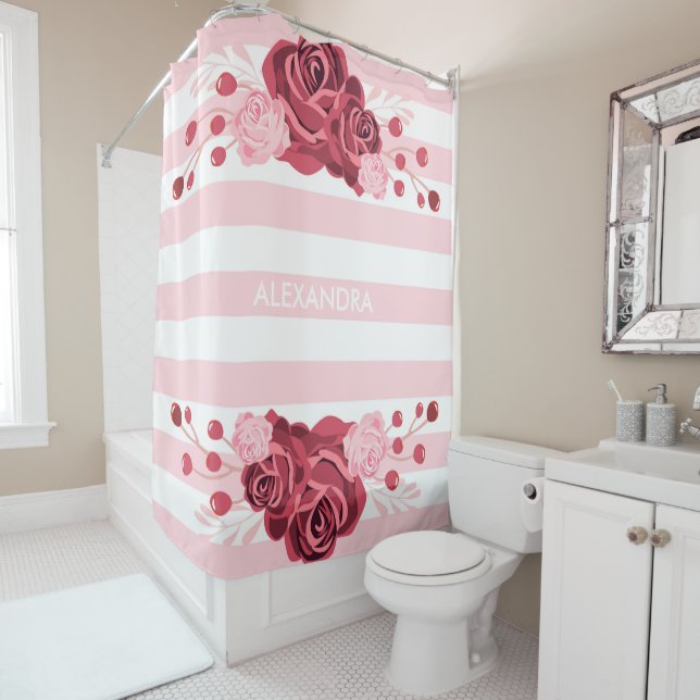 Rose Floral Stripes Shower Curtain (In Situ)