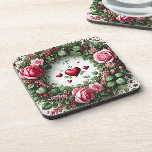 Rose Floral Twine Wreath with Red Hearts  Coaster (Left Side)