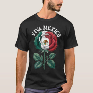 Rose Floral Viva Mexico Flag Independence Day  T-Shirt