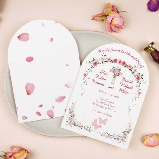 Rose Floral Watercolor Christian Wedding Arch Invitation (Roses Watercolor Floral with Cross Arch Wedding Invitation)
