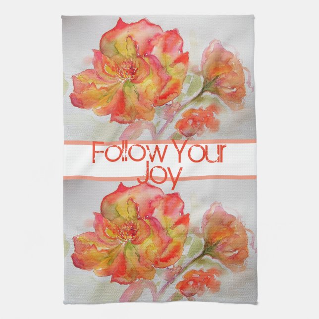Rose Floral Watercolour Orange Follow Your Joy Tea Towel (Vertical)