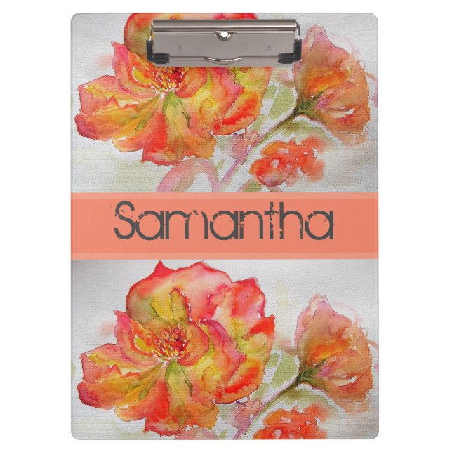 Rose Floral Watercolour Orange Peach Pink Clipboard (Front)