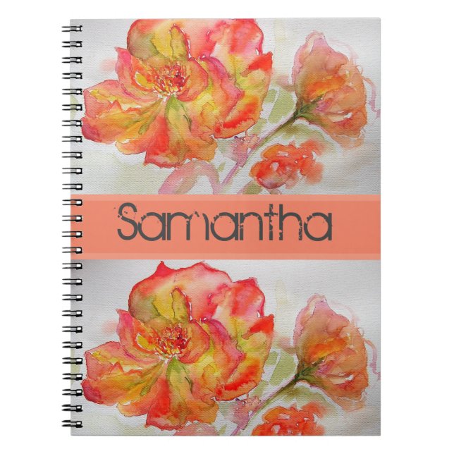 Rose Floral Watercolour Orange Peach Pink Notebook (Front)