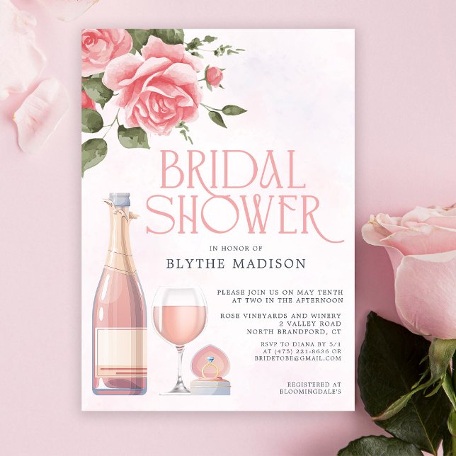 Rosé Floral Wine Bridal Shower (Foil Available) Invitation (Creator Uploaded)
