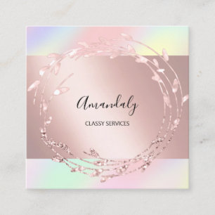 Rose Floral Wreath Elegant Event Holographic Pink Square Business Card