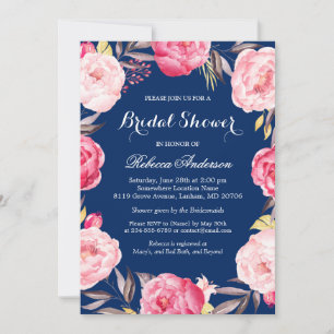 Rose Floral Wreath Navy Blue Bridal Shower Invitation