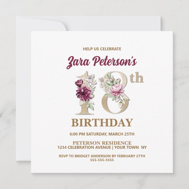 Rose Floral Z 18th Birthday Party Invitation (Front)