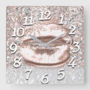 Rose FloralKiss Lips Numbers Beauty Silver Square Wall Clock