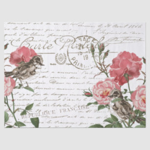Rose Flower Bird Postcard French Script Decoupage  Tissue Paper