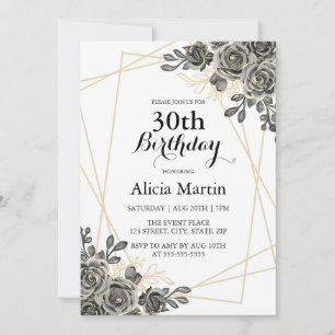 Rose Flower Black & Gold Woman Adult Birthday Invitation