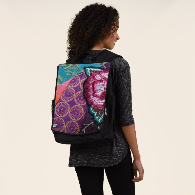 Rose flower boho embroidered look colourful backpack (Worn)
