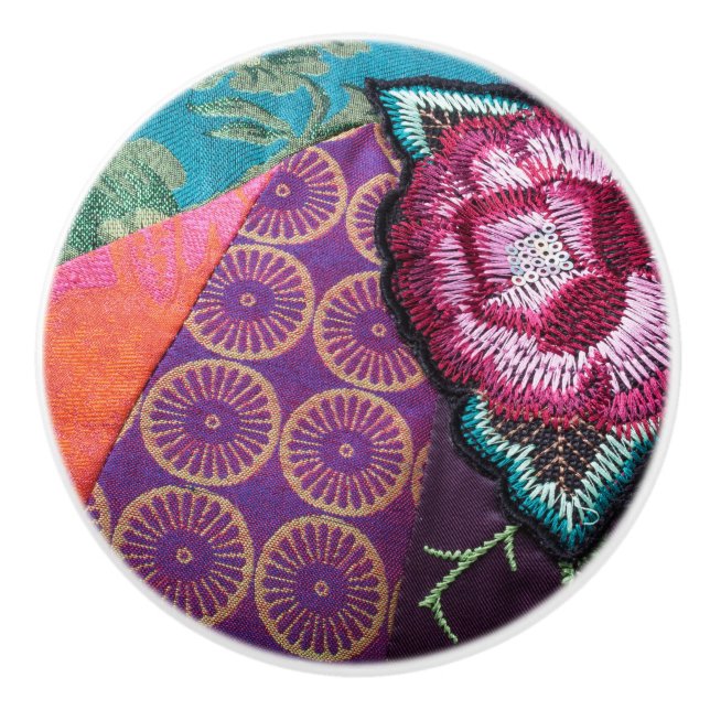 Rose flower boho tapestry purple teal floral ceramic knob (Front)